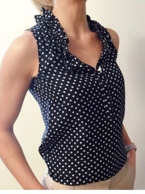 J. Crew Silk Navy and White Polka Dot Sleeveless Ruffle Neck Camisole